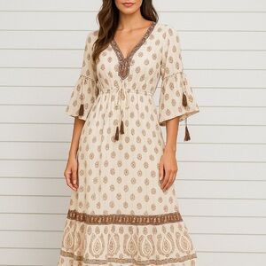 Me 2 Magic boho paisley tassel midi dress bell sleeves NWT M